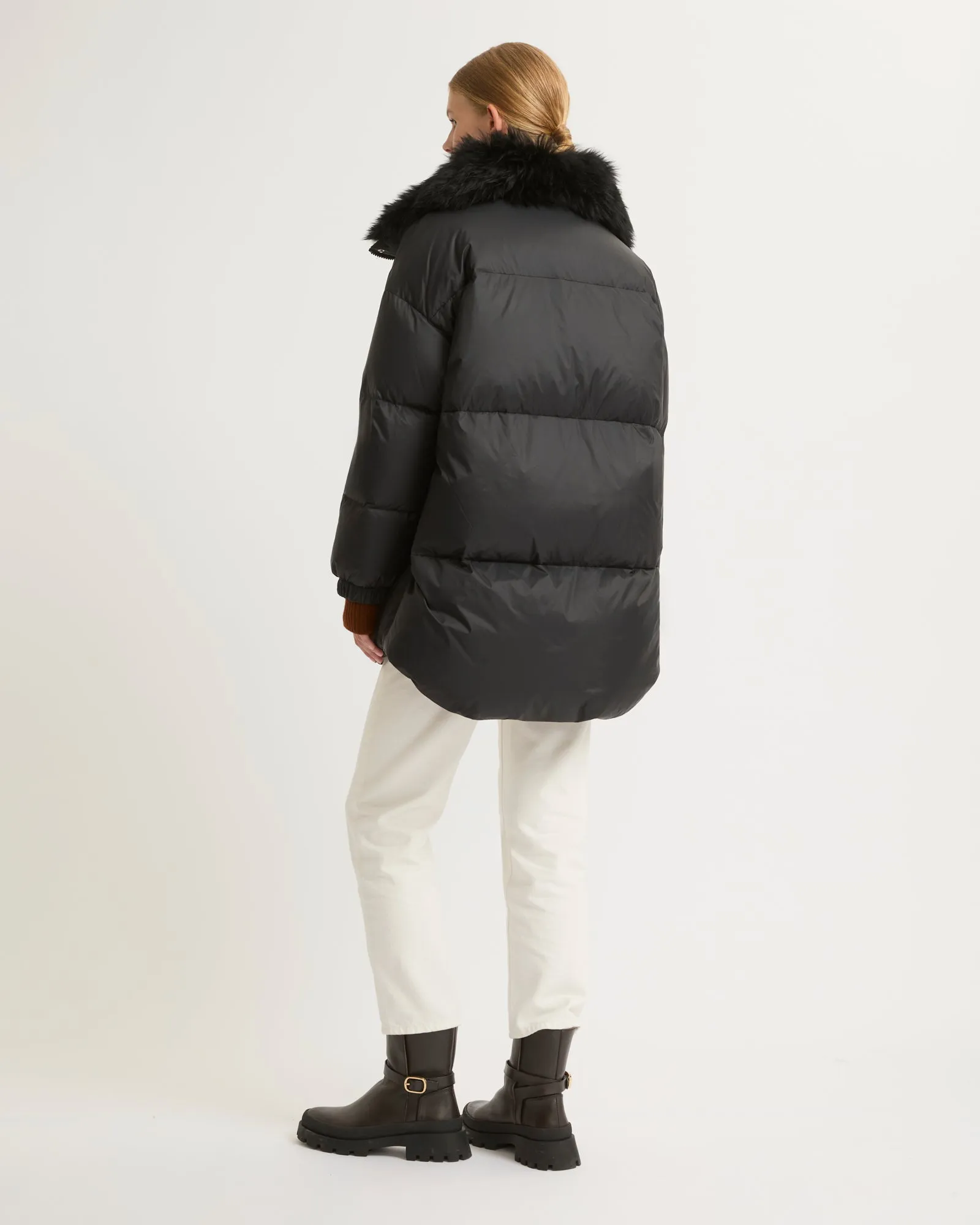 Stand collar down jacket with fluffy lambswool trim