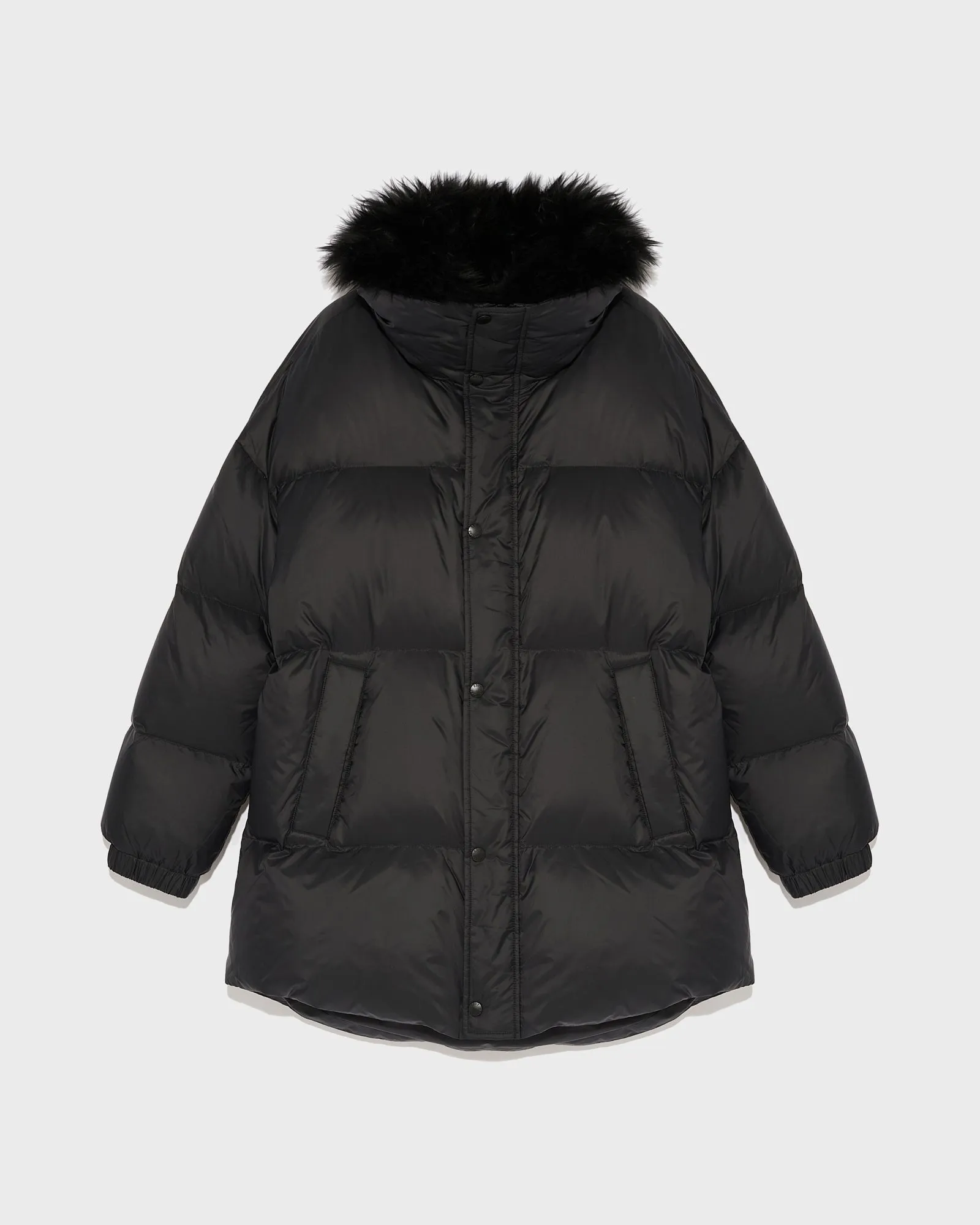 Stand collar down jacket with fluffy lambswool trim