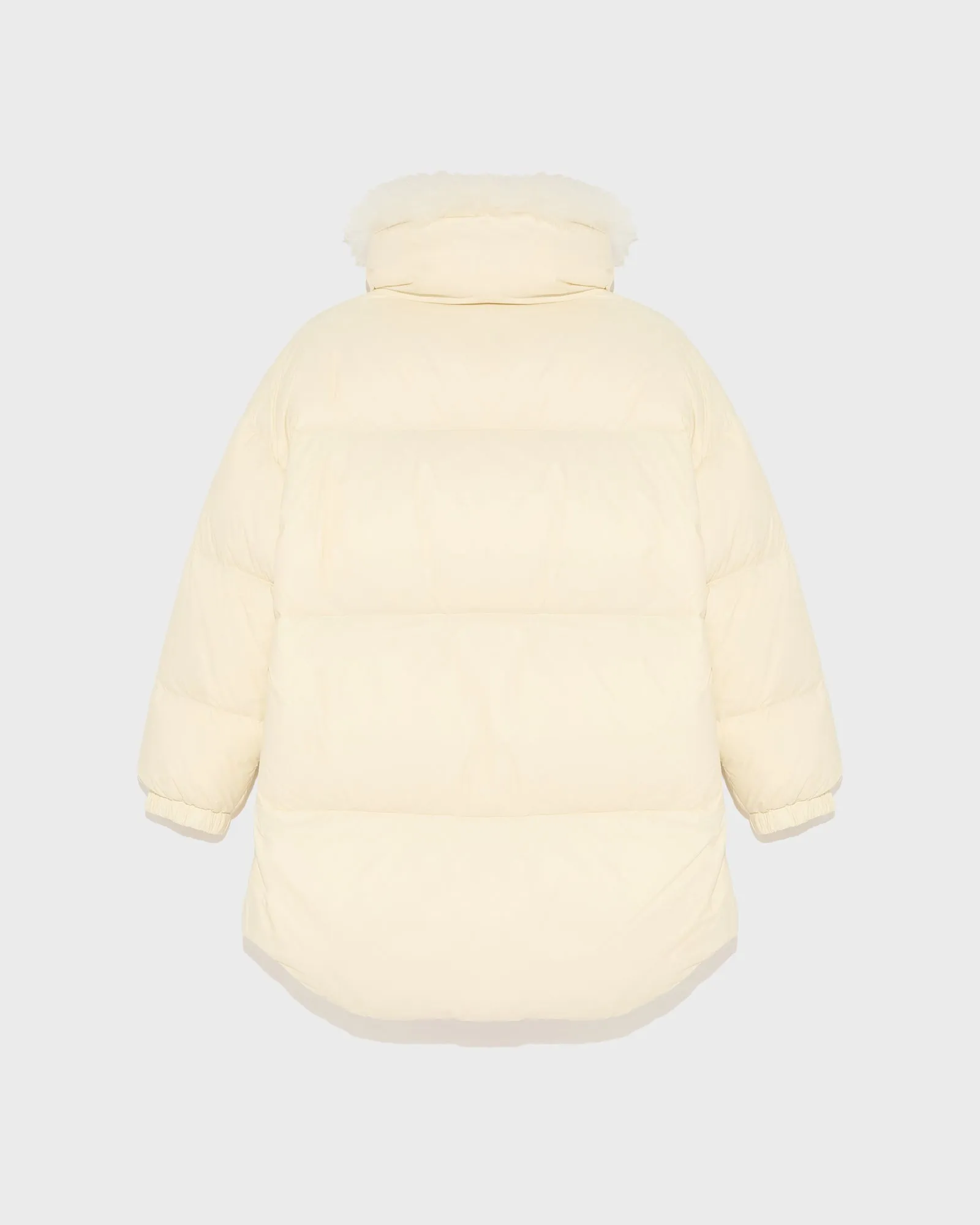 Stand collar down jacket with fluffy lambswool trim