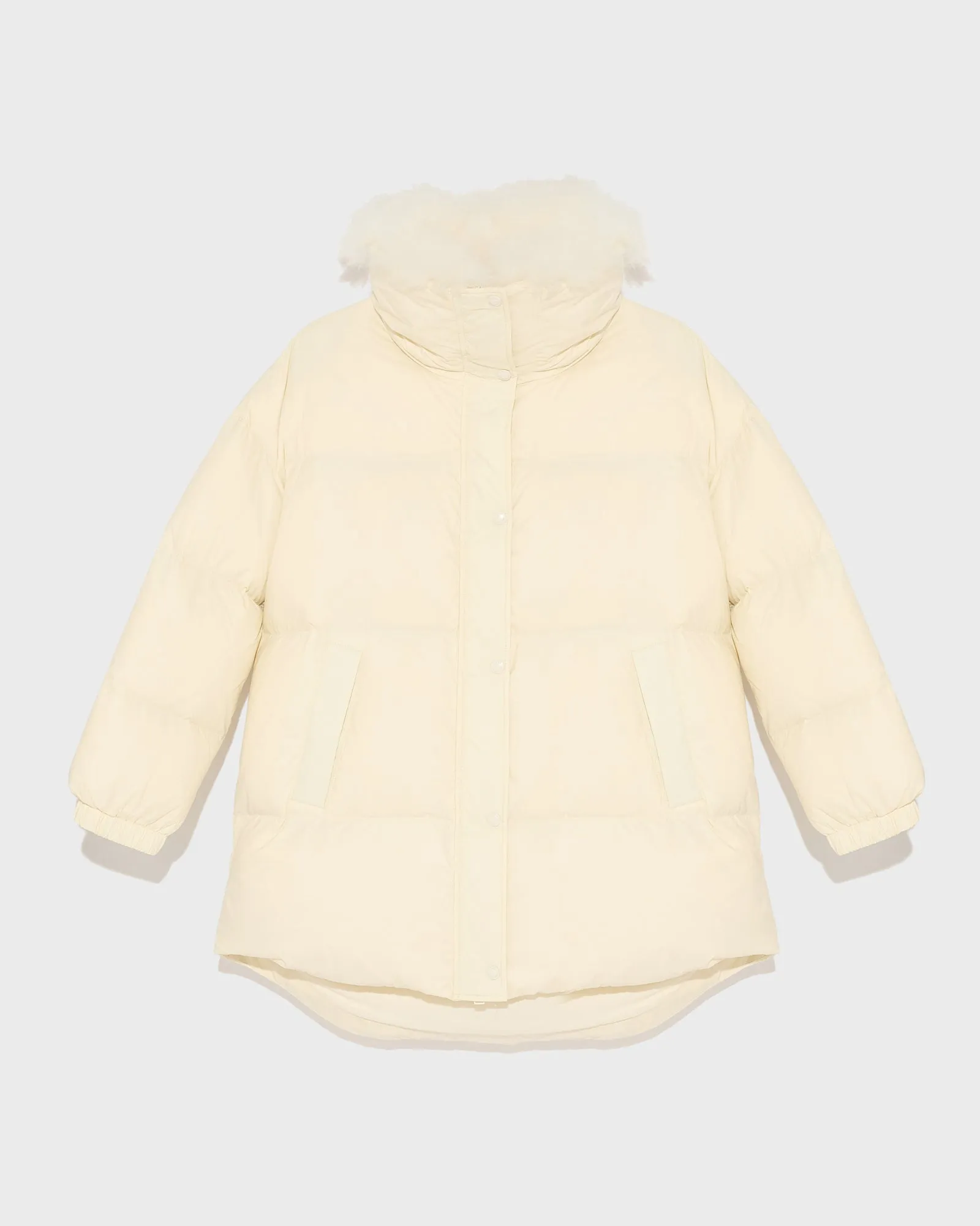 Stand collar down jacket with fluffy lambswool trim