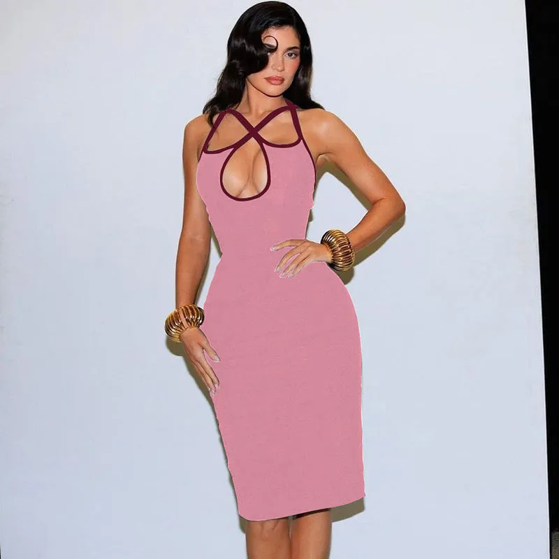 Statement Halter Neck Bodycon Dress with Bold Hollow Accents
