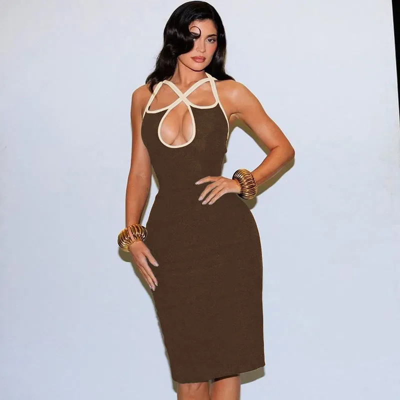 Statement Halter Neck Bodycon Dress with Bold Hollow Accents