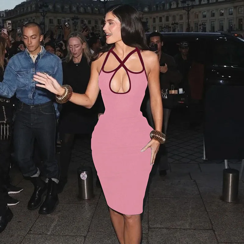 Statement Halter Neck Bodycon Dress with Bold Hollow Accents