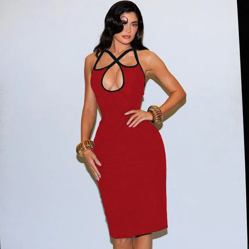 Statement Halter Neck Bodycon Dress with Bold Hollow Accents