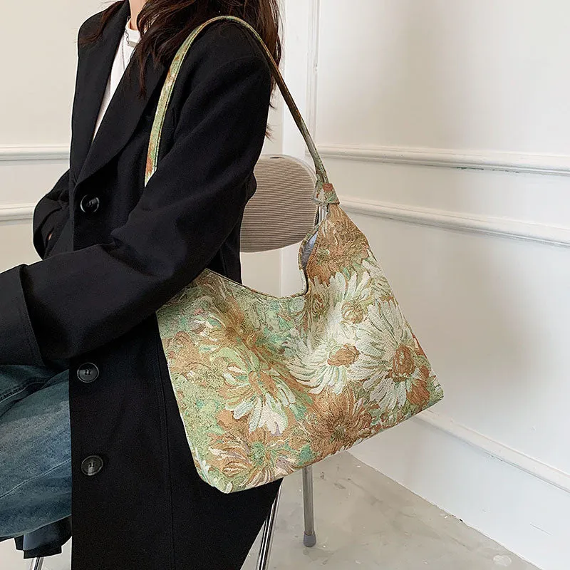 STOREXQ Foreign Trade Large Capacity Women Bags  Simplicity Canvas Bag Oil Painting Ethnic Style Shoulder Bag Tote Portable Bucket Bag