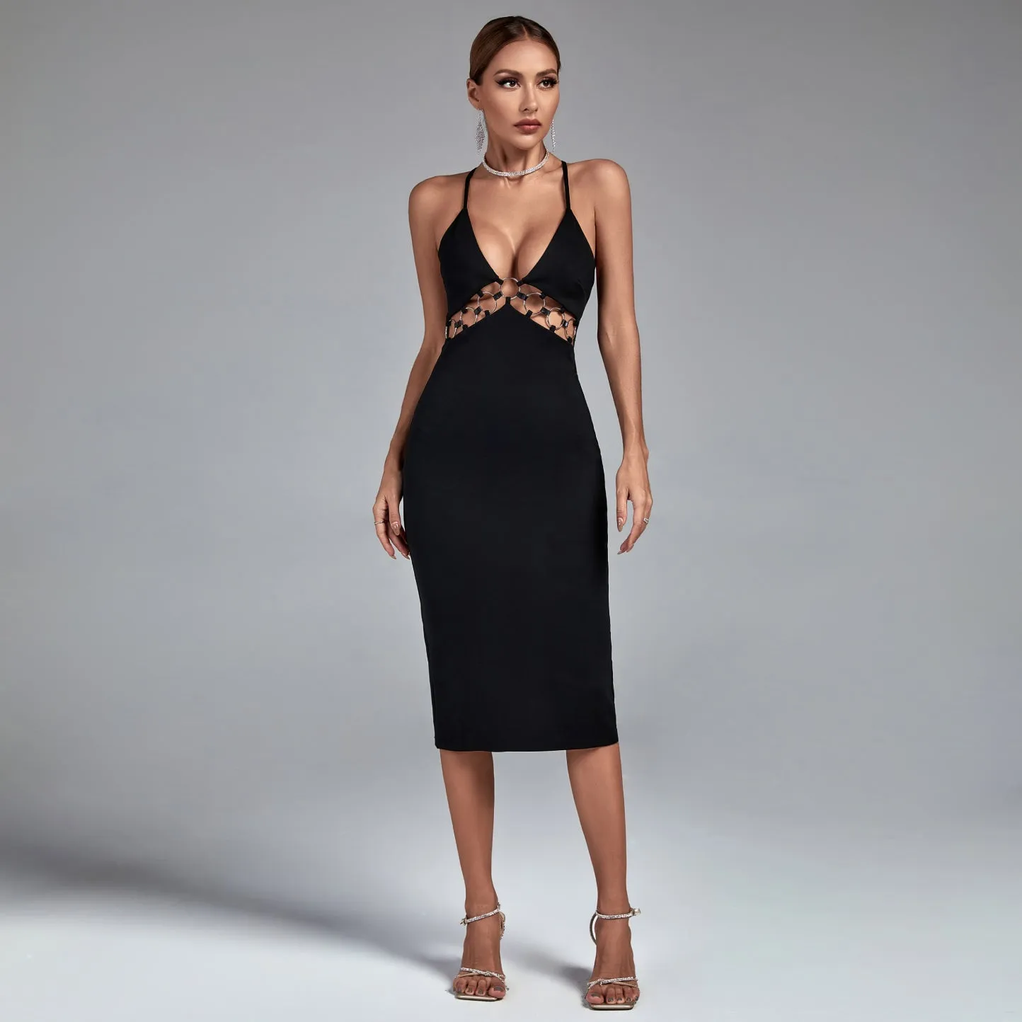 Strappy Midi Metal Studded Bodycon Dress