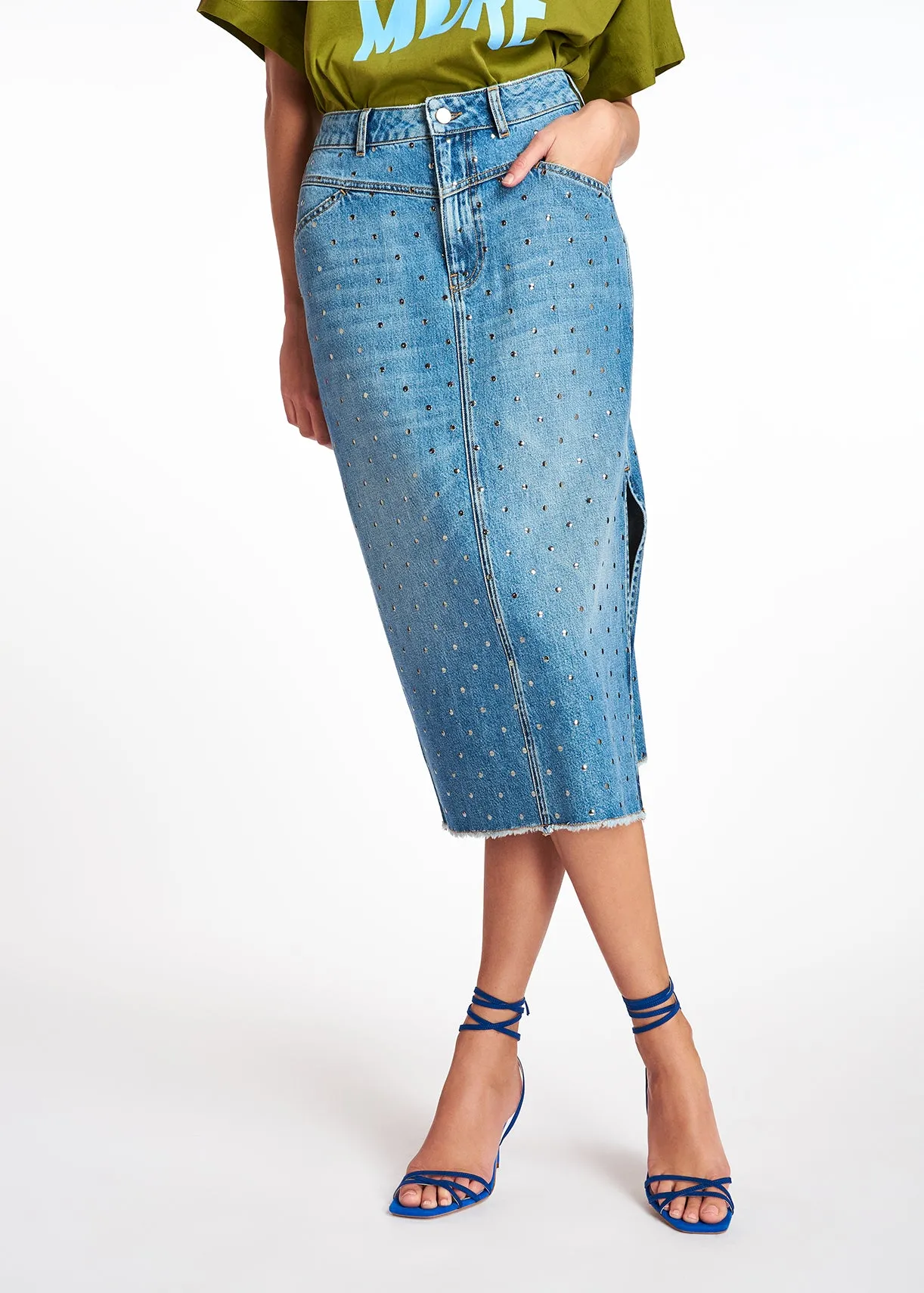 Studded denim pencil skirt