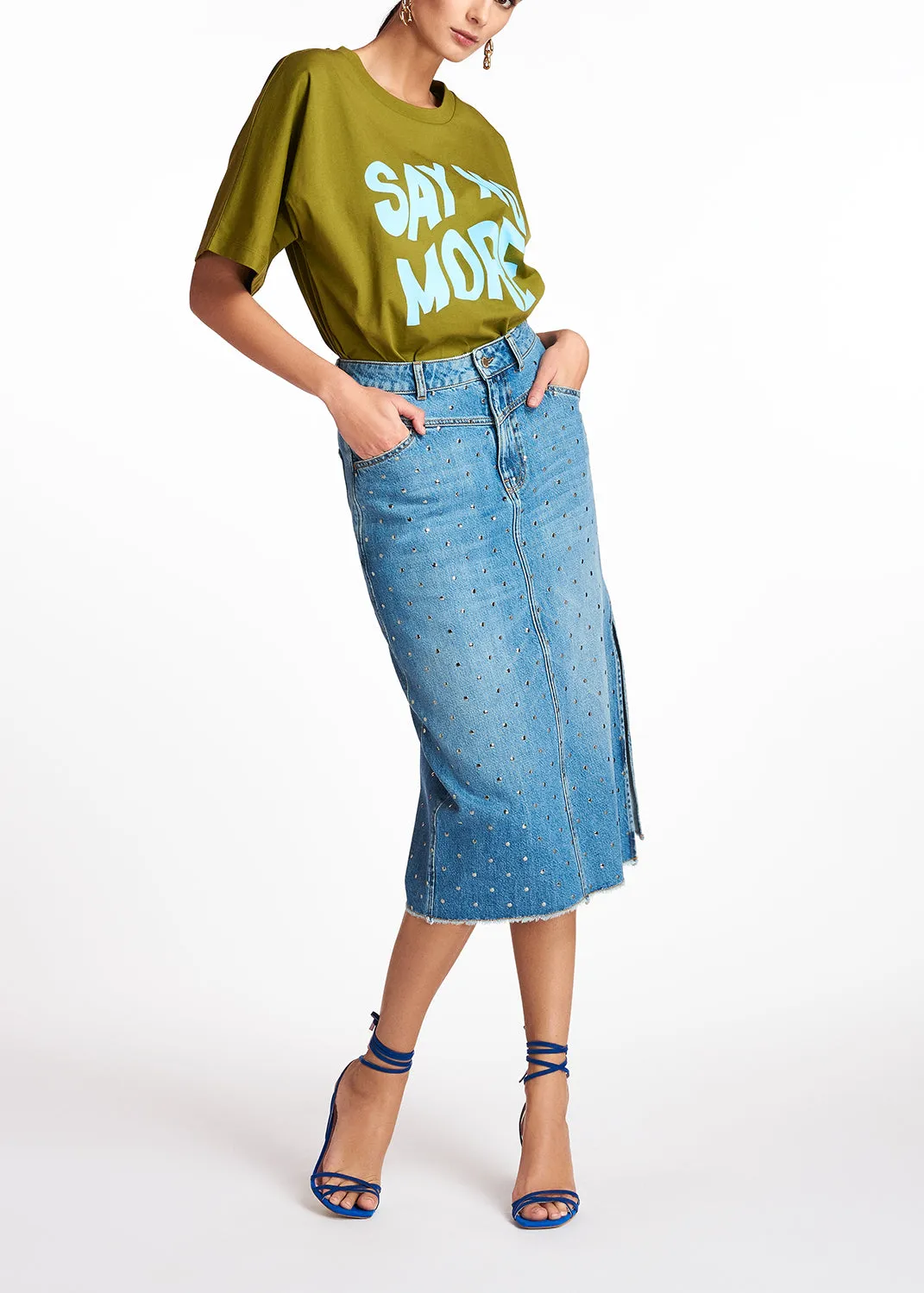 Studded denim pencil skirt
