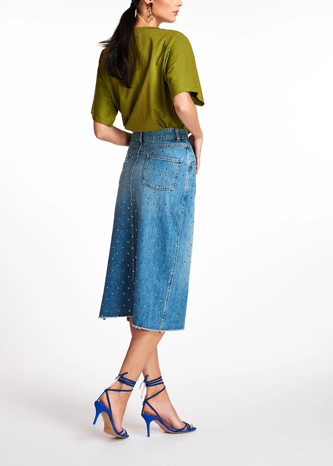 Studded denim pencil skirt