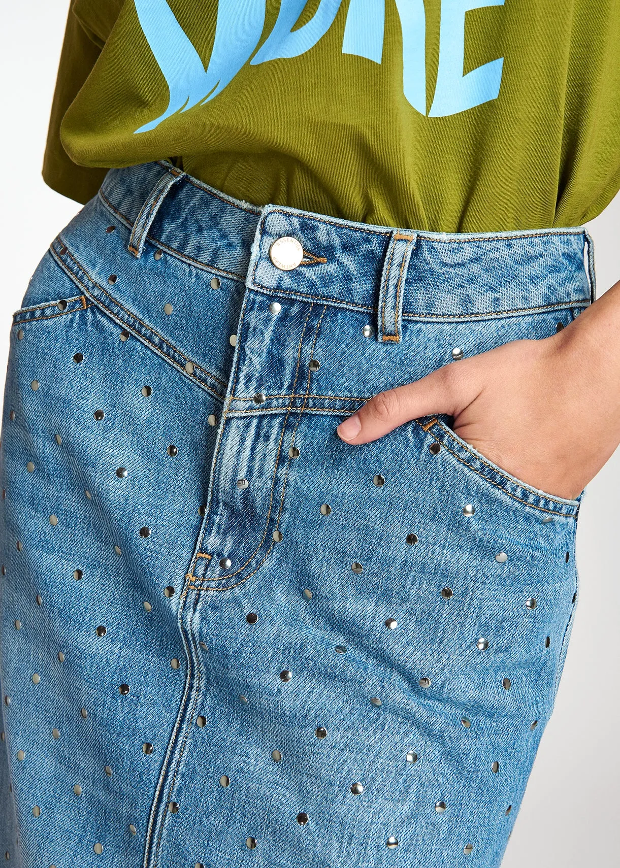 Studded denim pencil skirt