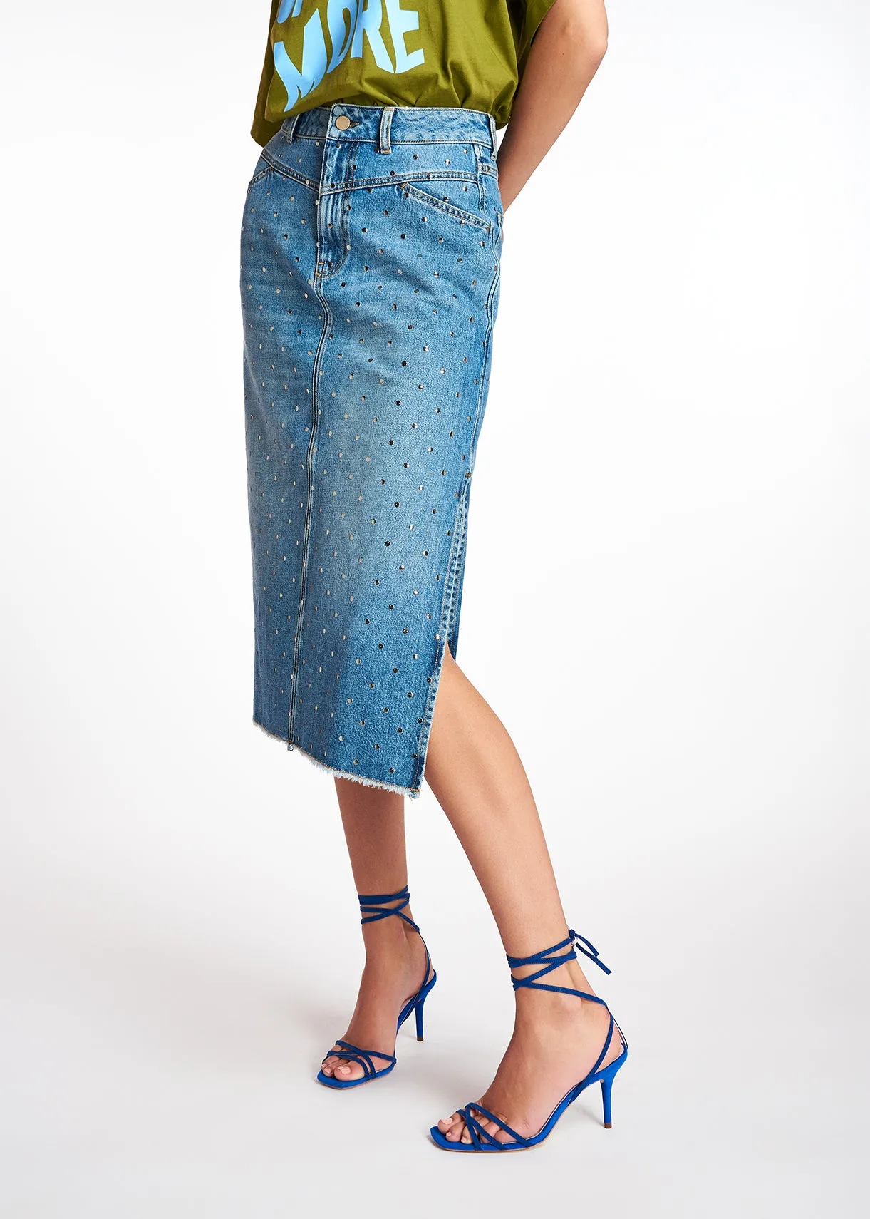 Studded denim pencil skirt