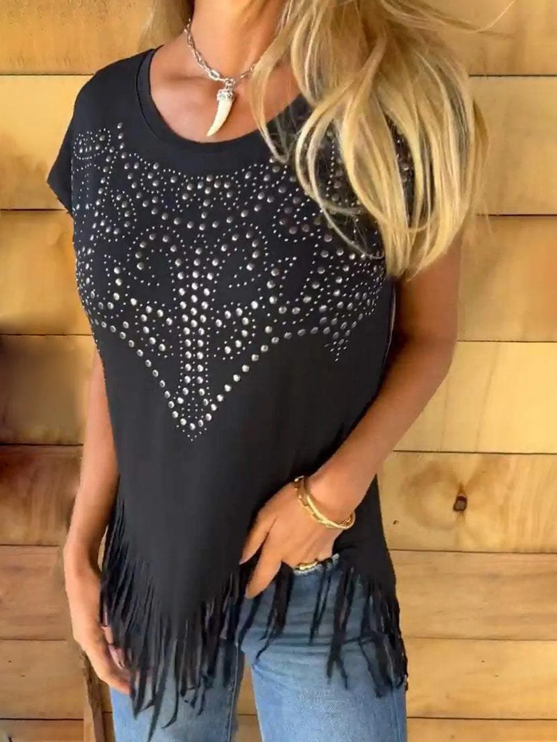 Studded Fringe Cap Sleeve Shirt