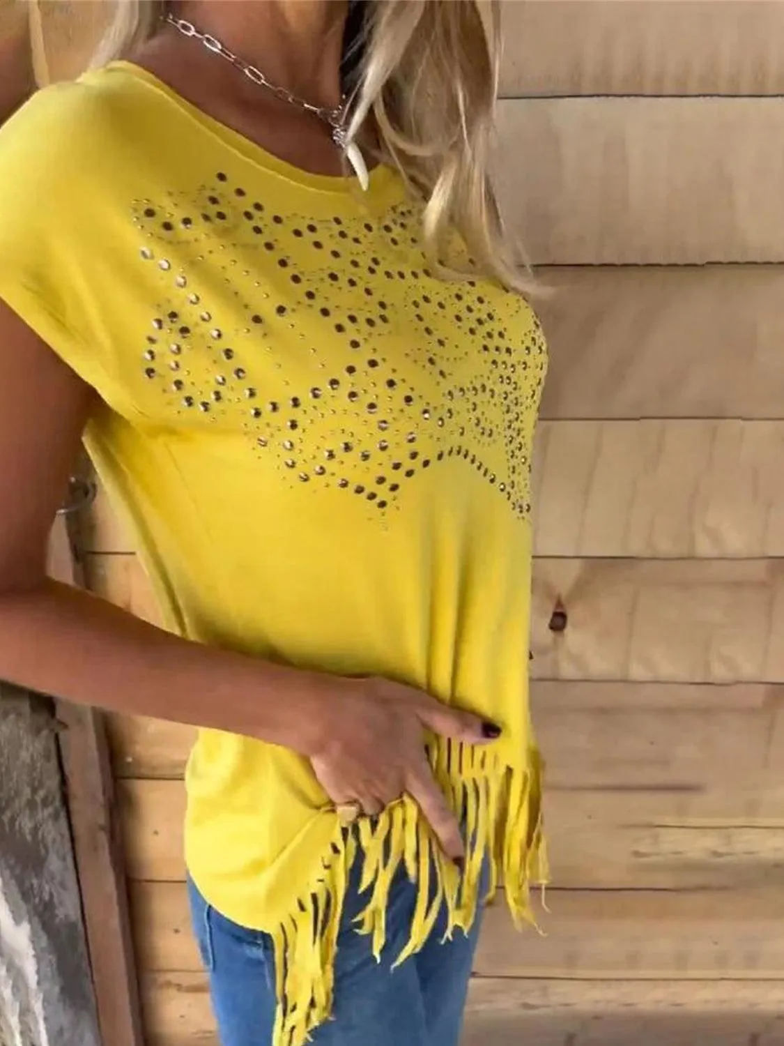 Studded Fringe Cap Sleeve Shirt