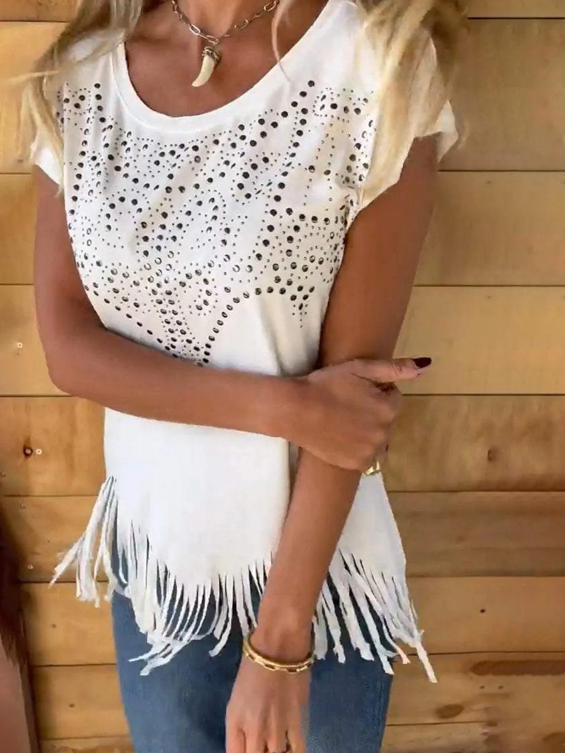 Studded Fringe Cap Sleeve Shirt