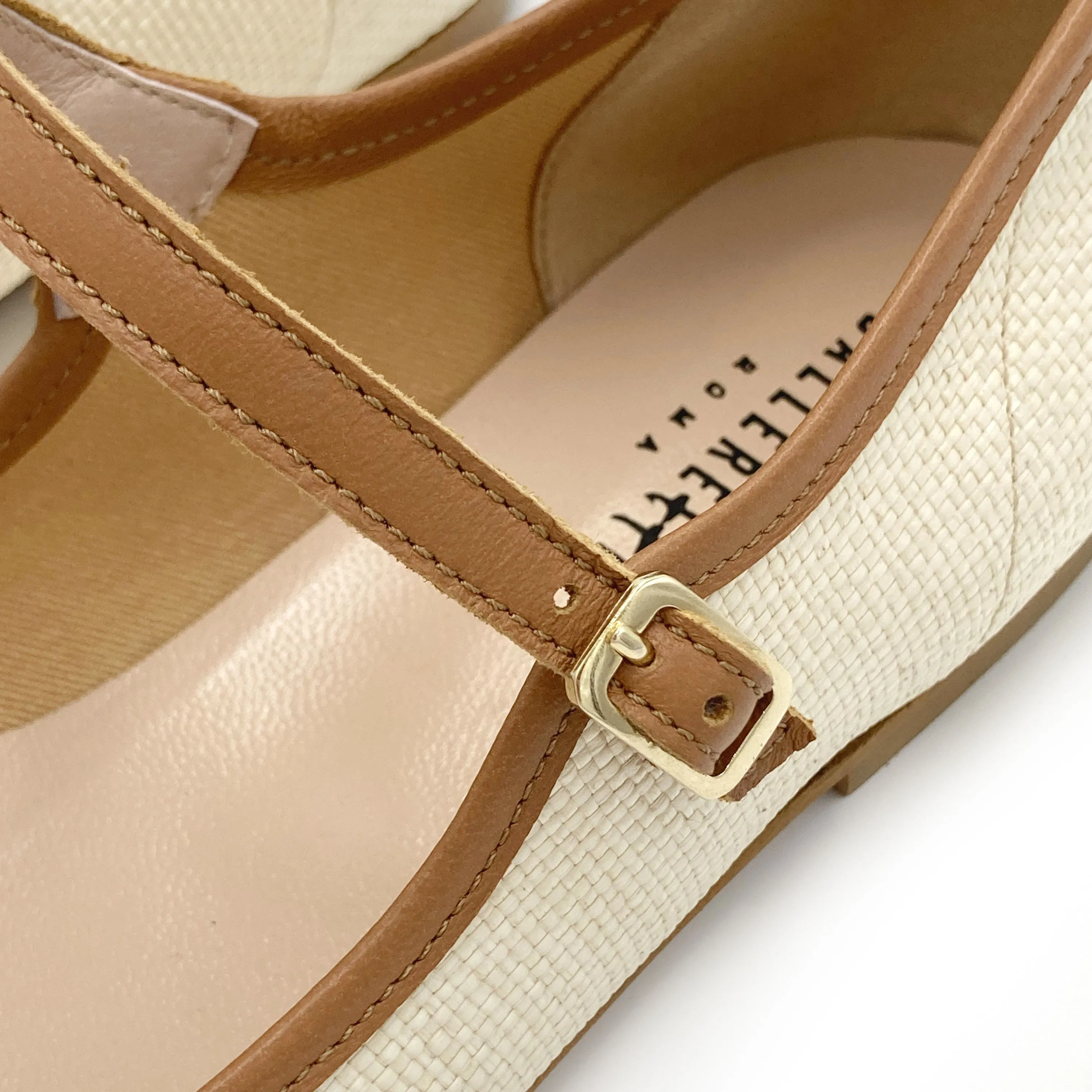 Summer Mary Jane Ballet Flats in Beige Raffia with Leather Strap
