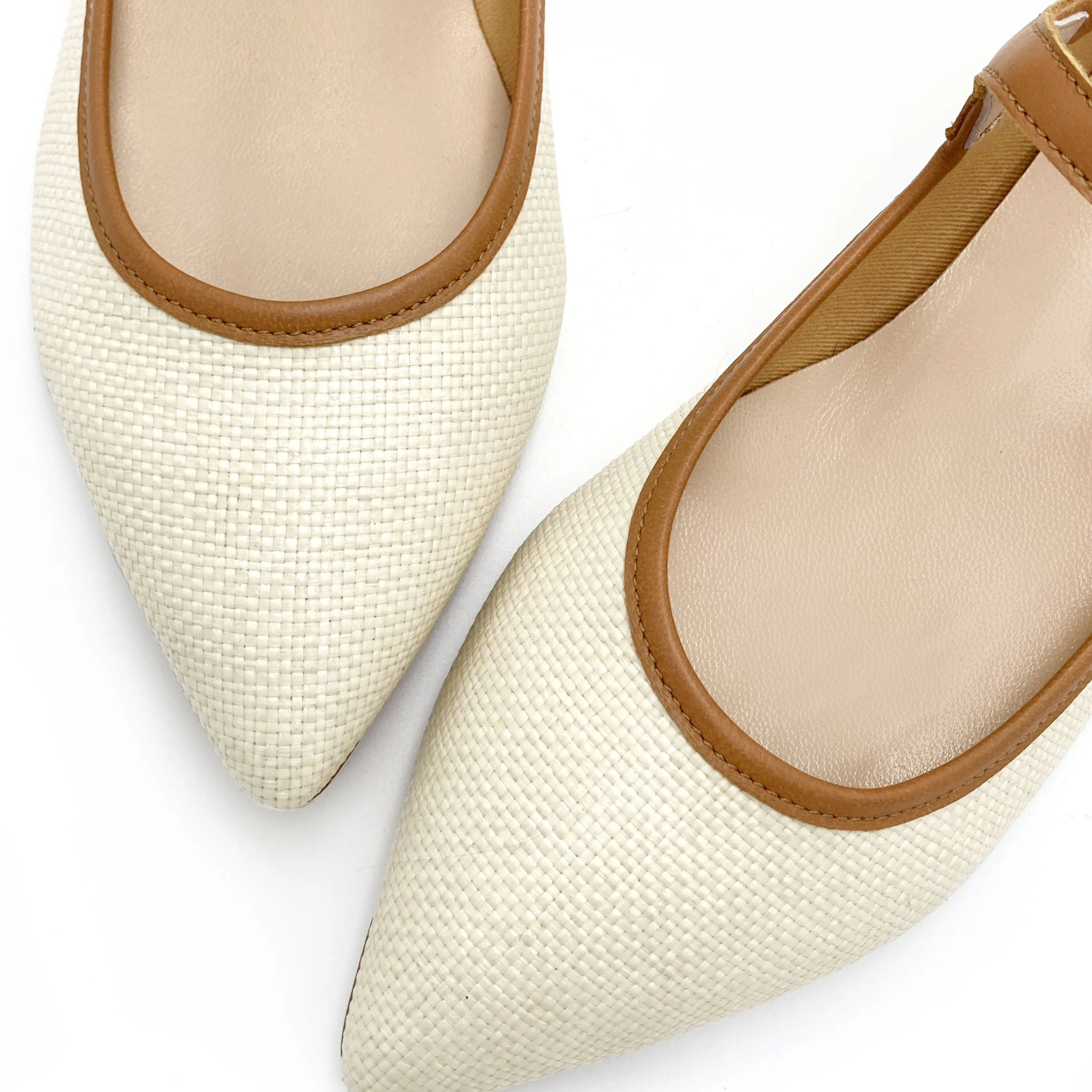 Summer Mary Jane Ballet Flats in Beige Raffia with Leather Strap