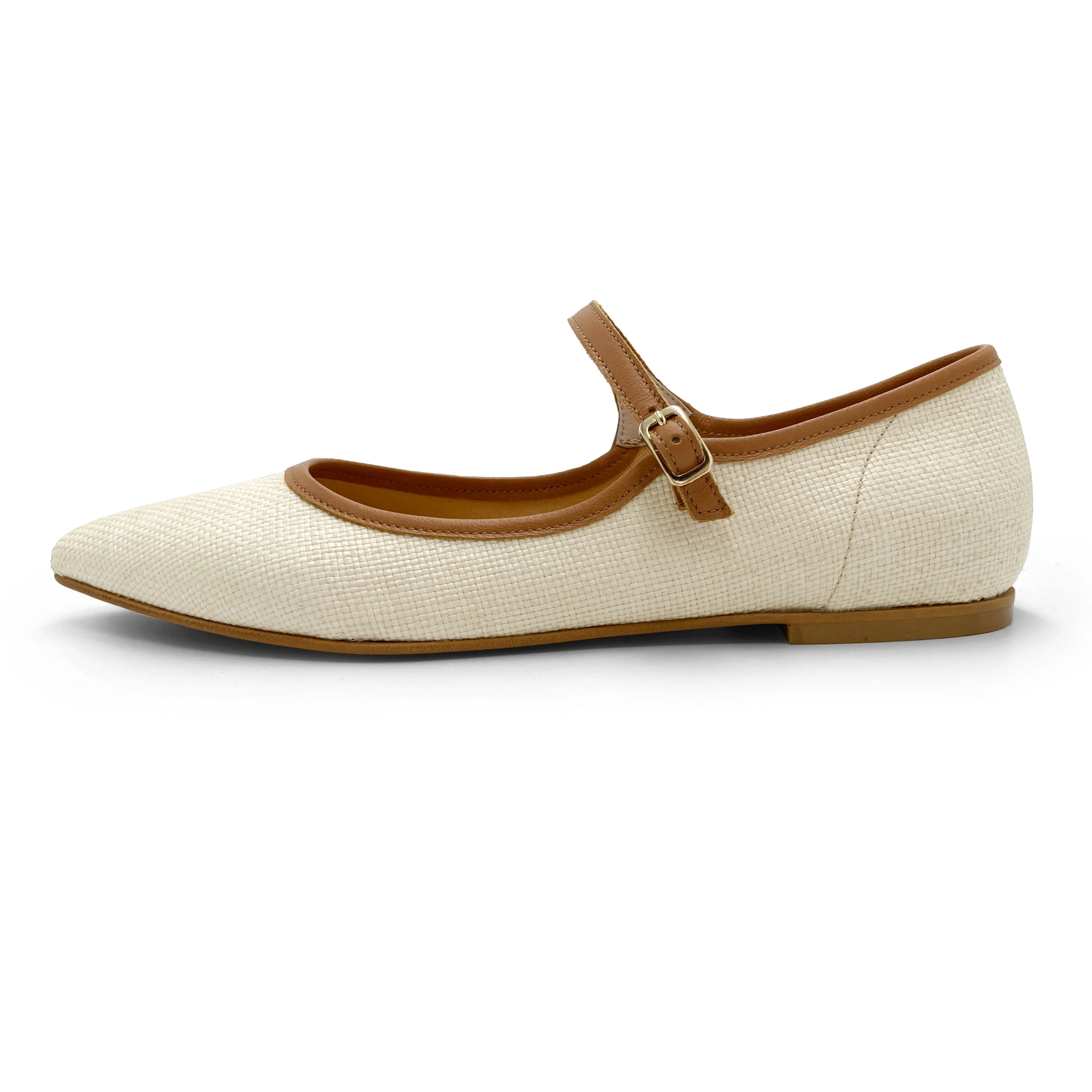 Summer Mary Jane Ballet Flats in Beige Raffia with Leather Strap