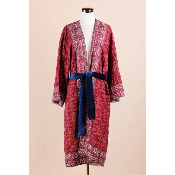 Sz XS/S Sundance Cascade Ridge Red Quilted Cotton Demask Kimono Robe GUC
