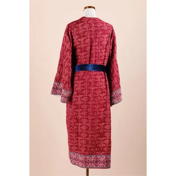 Sz XS/S Sundance Cascade Ridge Red Quilted Cotton Demask Kimono Robe GUC