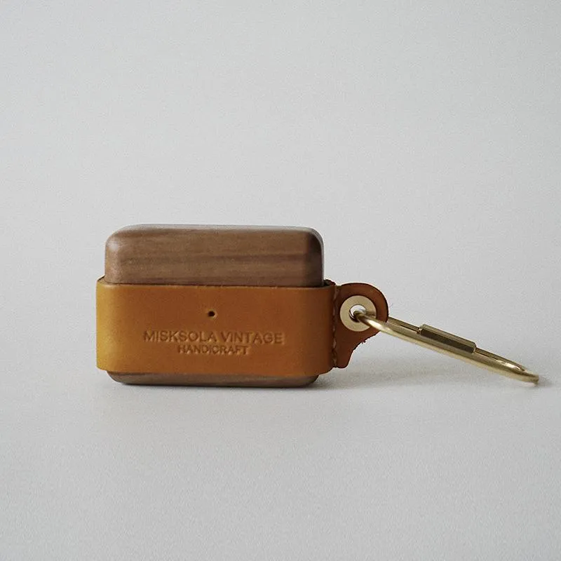 Tan Wood Leather AirPods 1,2 Case with Clip Strap Leather Pro AirPods Case Airpod Case Cover