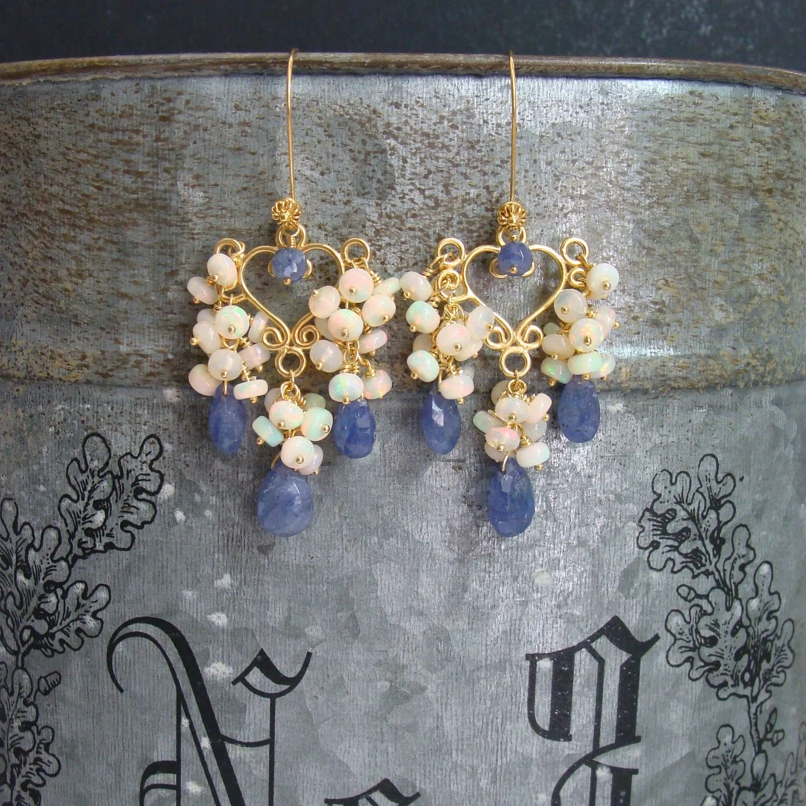 Tanzanite Opal Cluster Chandelier Earrings - Laudine Earrings