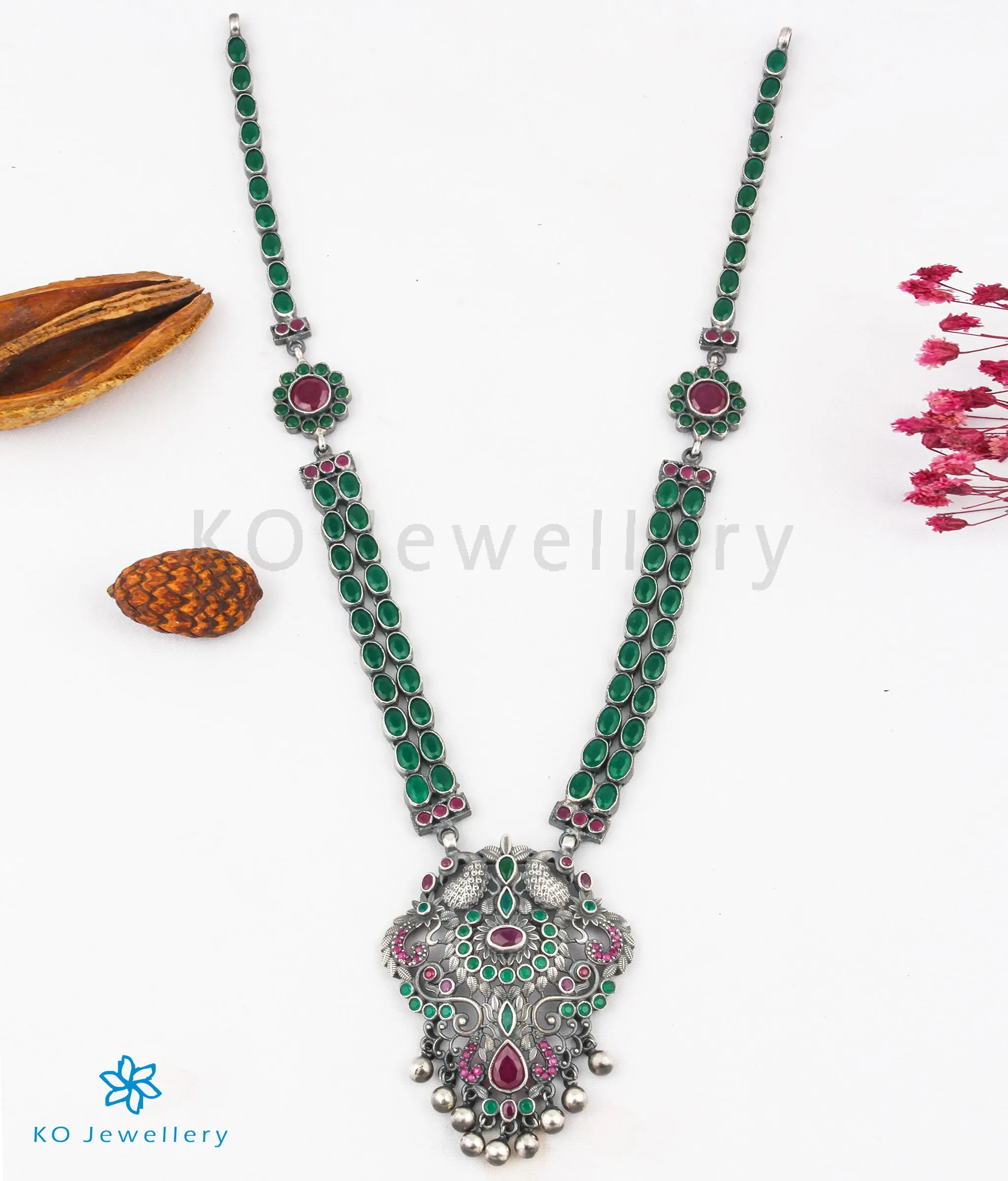The Madhurya Silver Peacock Kempu Necklace (Oxidised)