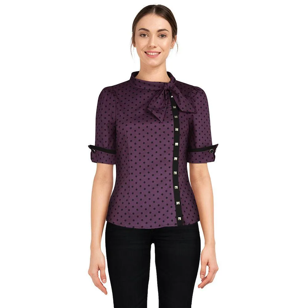 Tie-Neck Studded Scholar Top in Purple Polka Dot