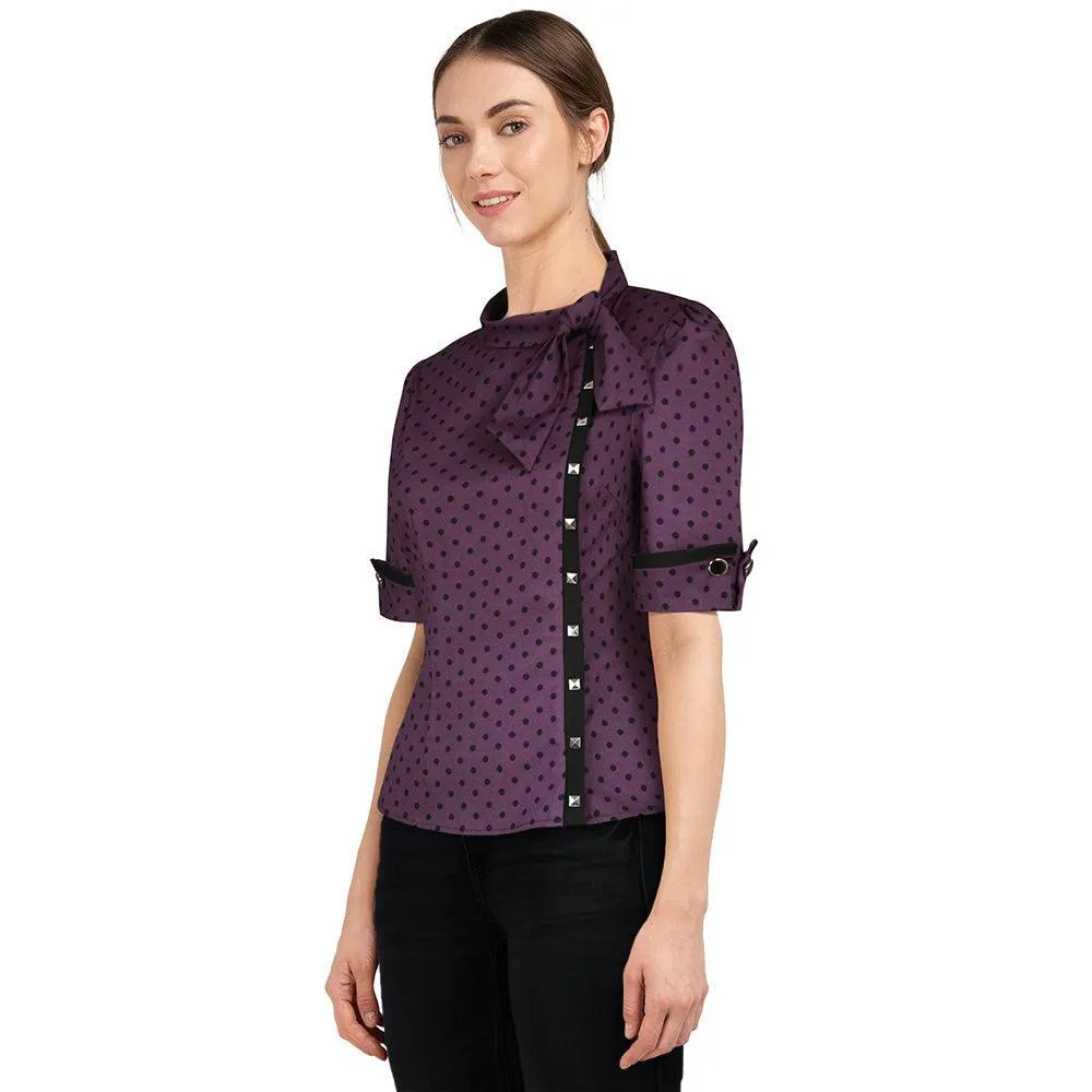 Tie-Neck Studded Scholar Top in Purple Polka Dot