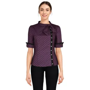 Tie-Neck Studded Scholar Top in Purple Polka Dot