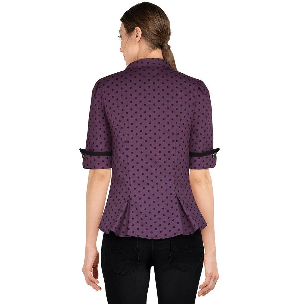 Tie-Neck Studded Scholar Top in Purple Polka Dot