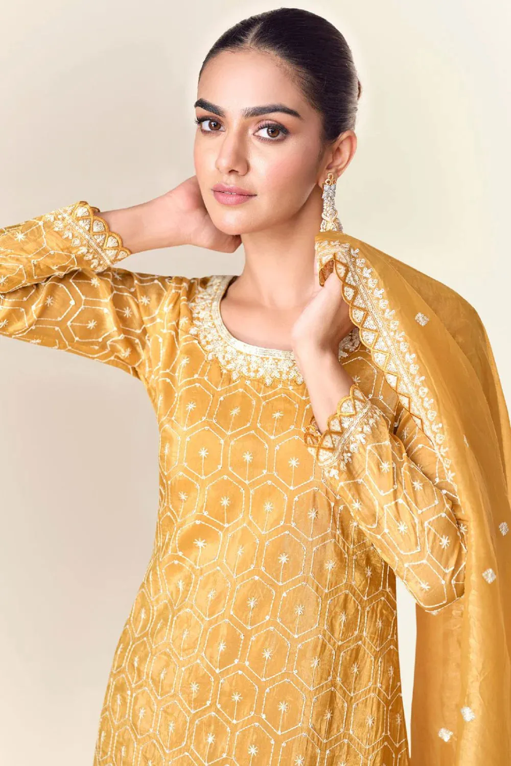 Timelessly Embellished Honey Yellow Sharara Suit