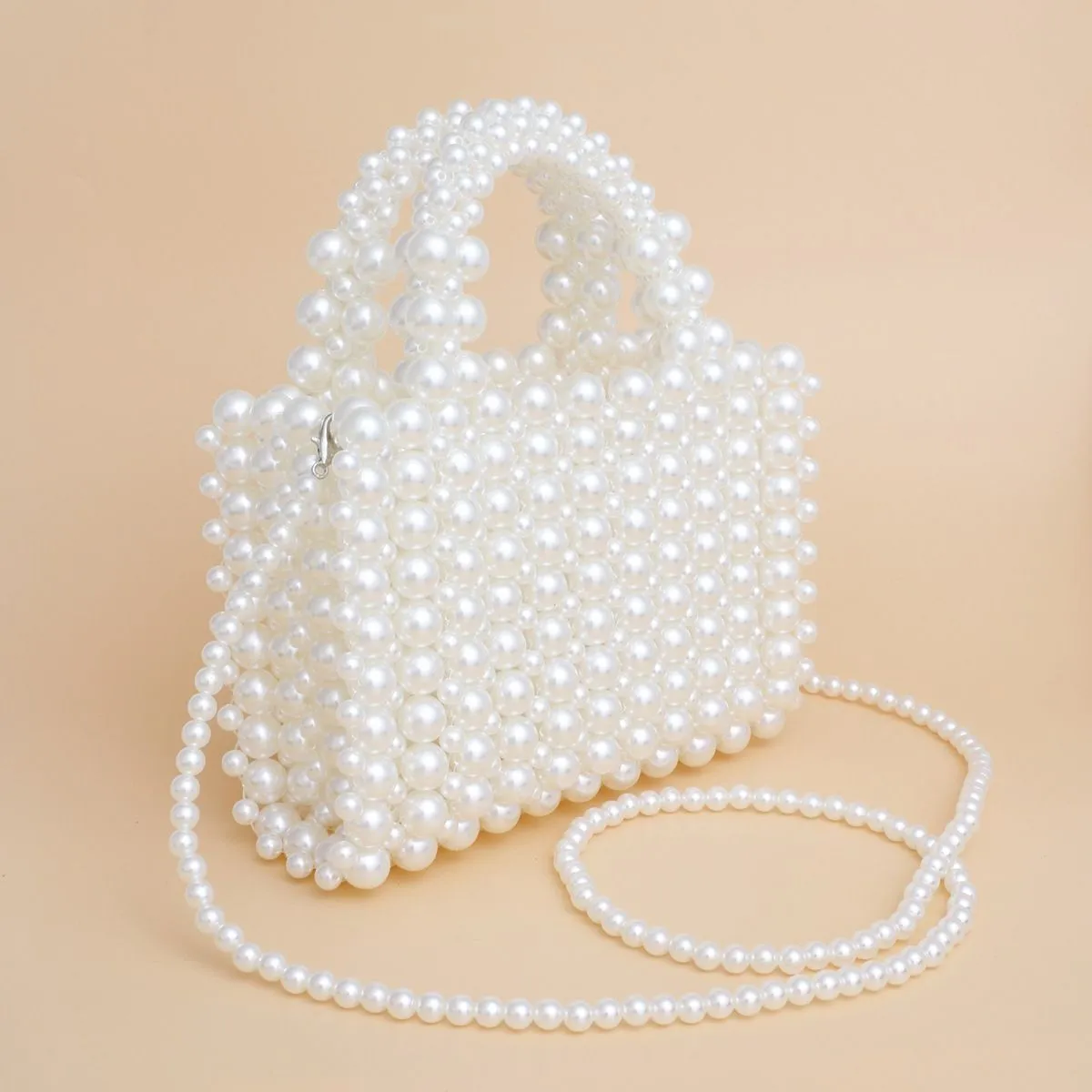 Top Handle Square Cream Pearl Woven Handmade Bag - Bride Bridal Purse Wedding