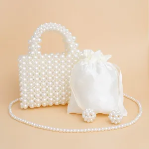 Top Handle Square Cream Pearl Woven Handmade Bag - Bride Bridal Purse Wedding