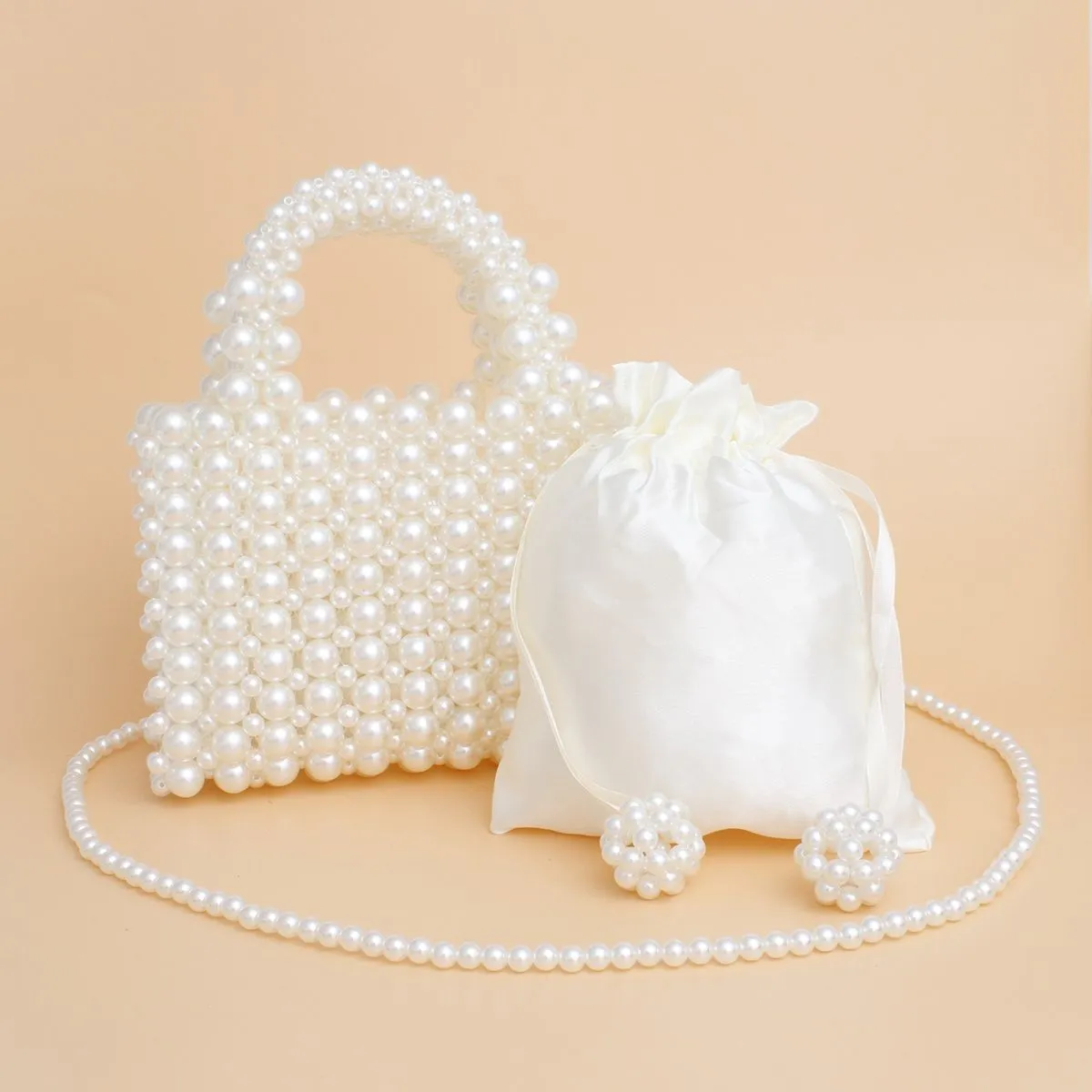 Top Handle Square Cream Pearl Woven Handmade Bag - Bride Bridal Purse Wedding