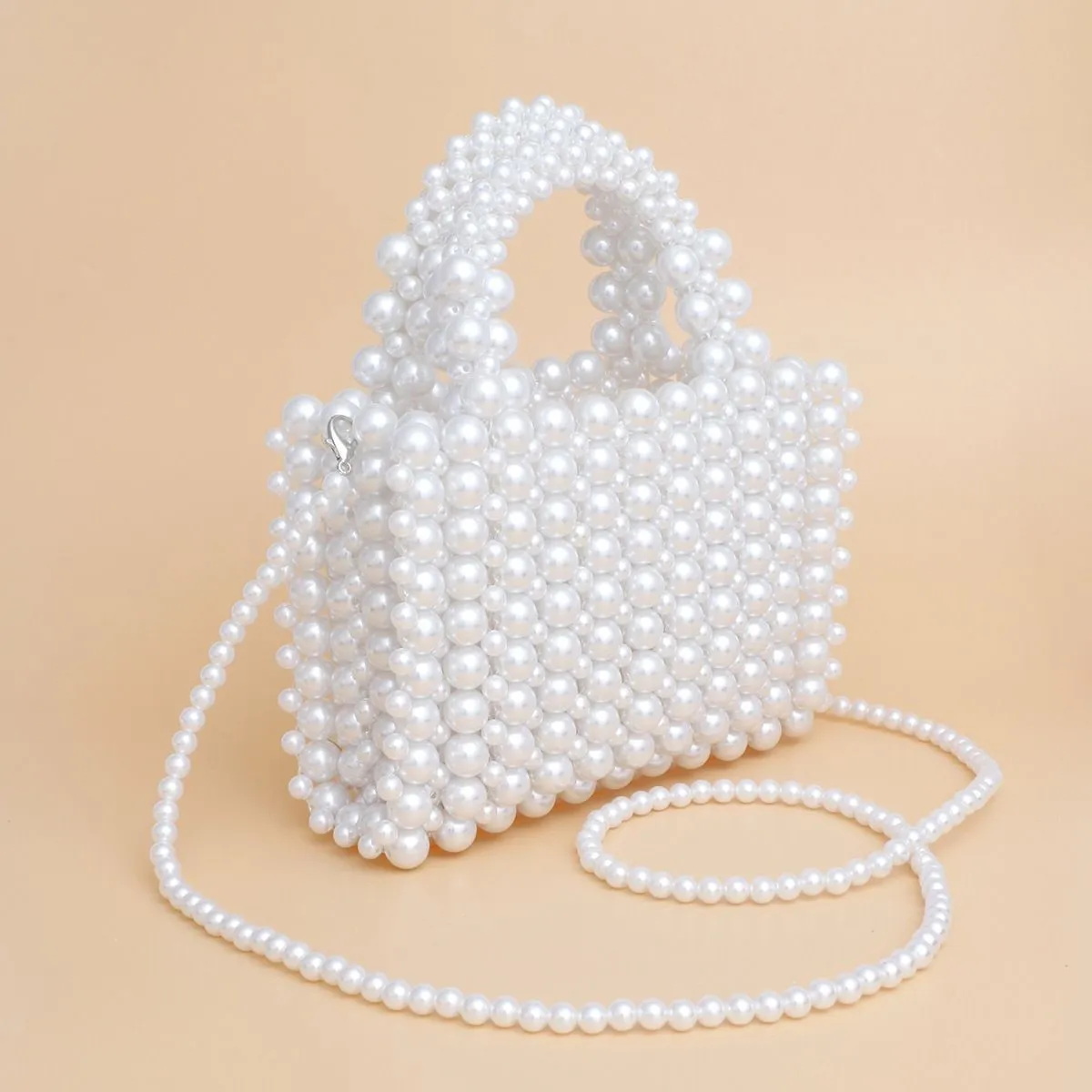 Top Handle Square White Pearl Woven Handmade Bag - Wedding Bride Bridal Purse