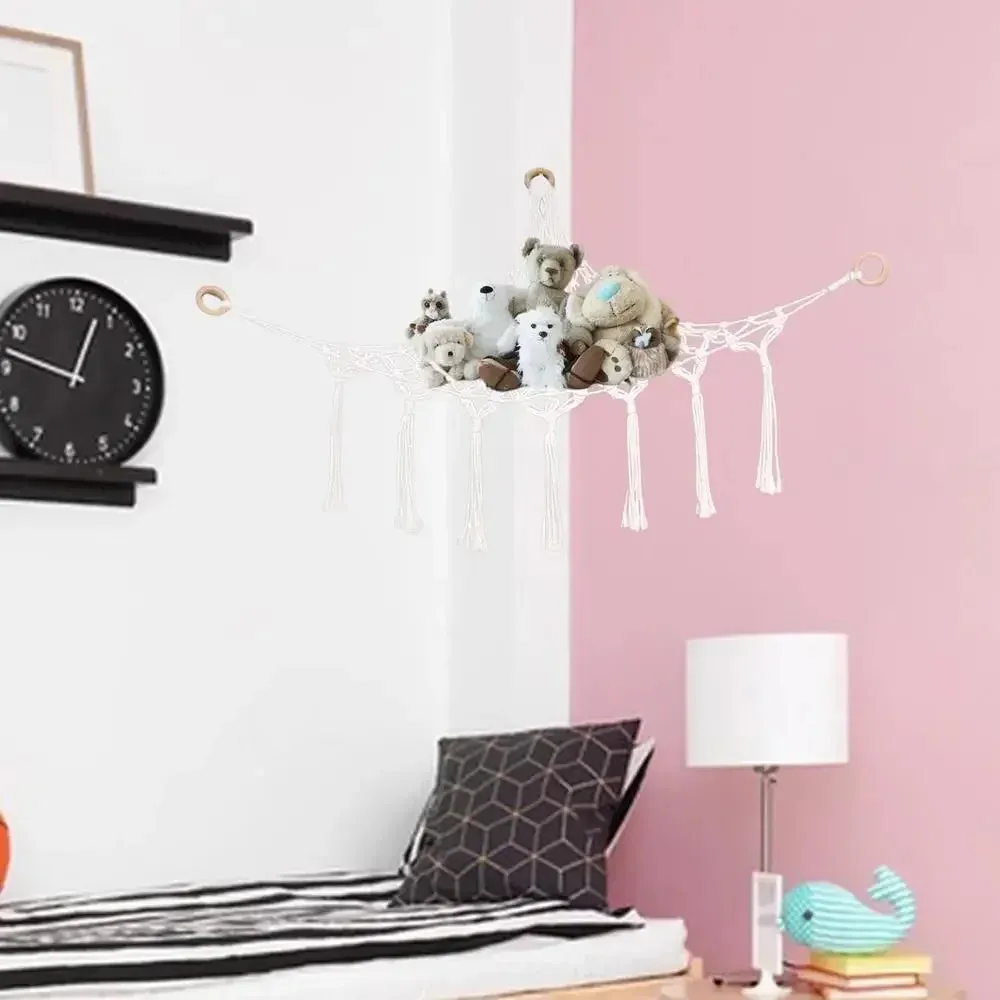 Toy Hammocks Wall Corner Hanging Storage Net Organizer Woven Kids Stuffed Mesh Hammock Baby Animal Rope Hammock Bag Cotton