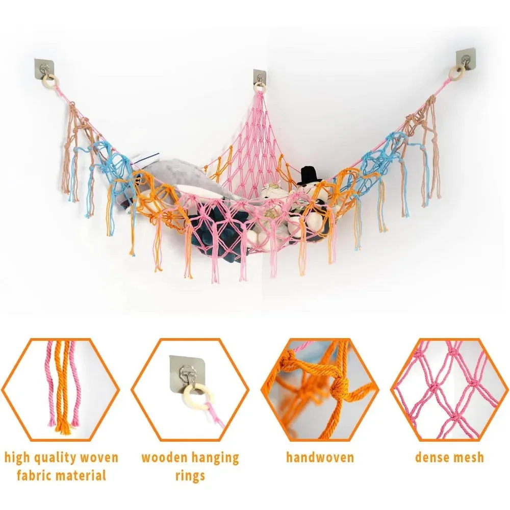 Toy Hammocks Wall Corner Hanging Storage Net Organizer Woven Kids Stuffed Mesh Hammock Baby Animal Rope Hammock Bag Cotton