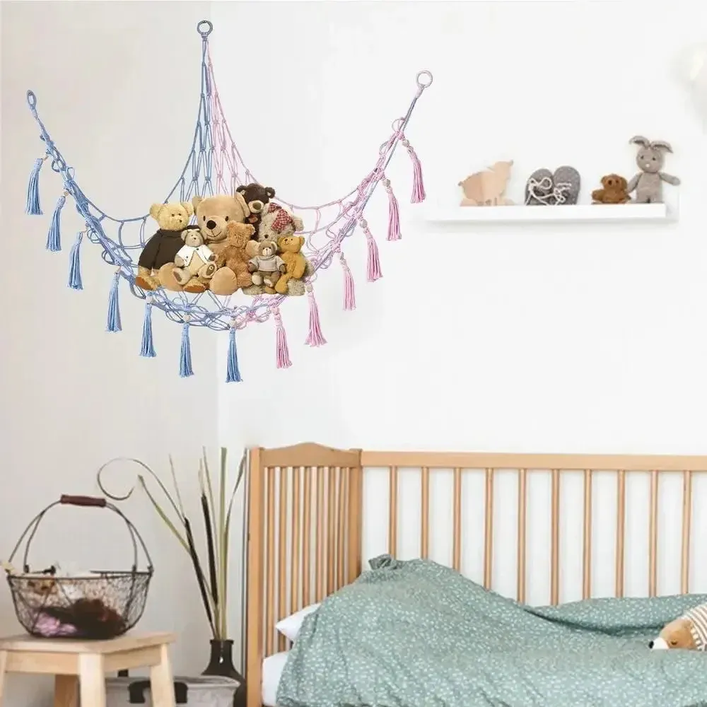 Toy Hammocks Wall Corner Hanging Storage Net Organizer Woven Kids Stuffed Mesh Hammock Baby Animal Rope Hammock Bag Cotton