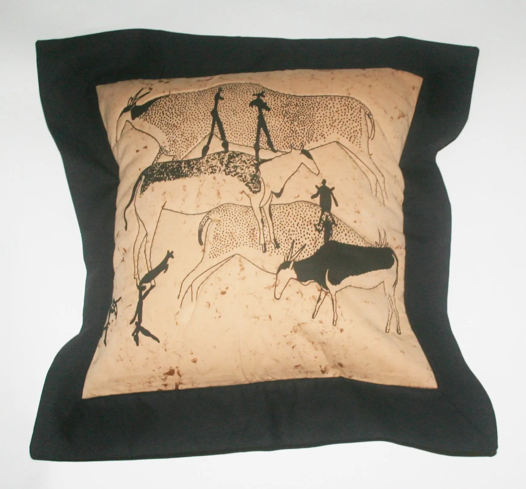 Tribal African Pillow Quilted Bushman Cave Art Pillow Tan and Black 21" X 21"