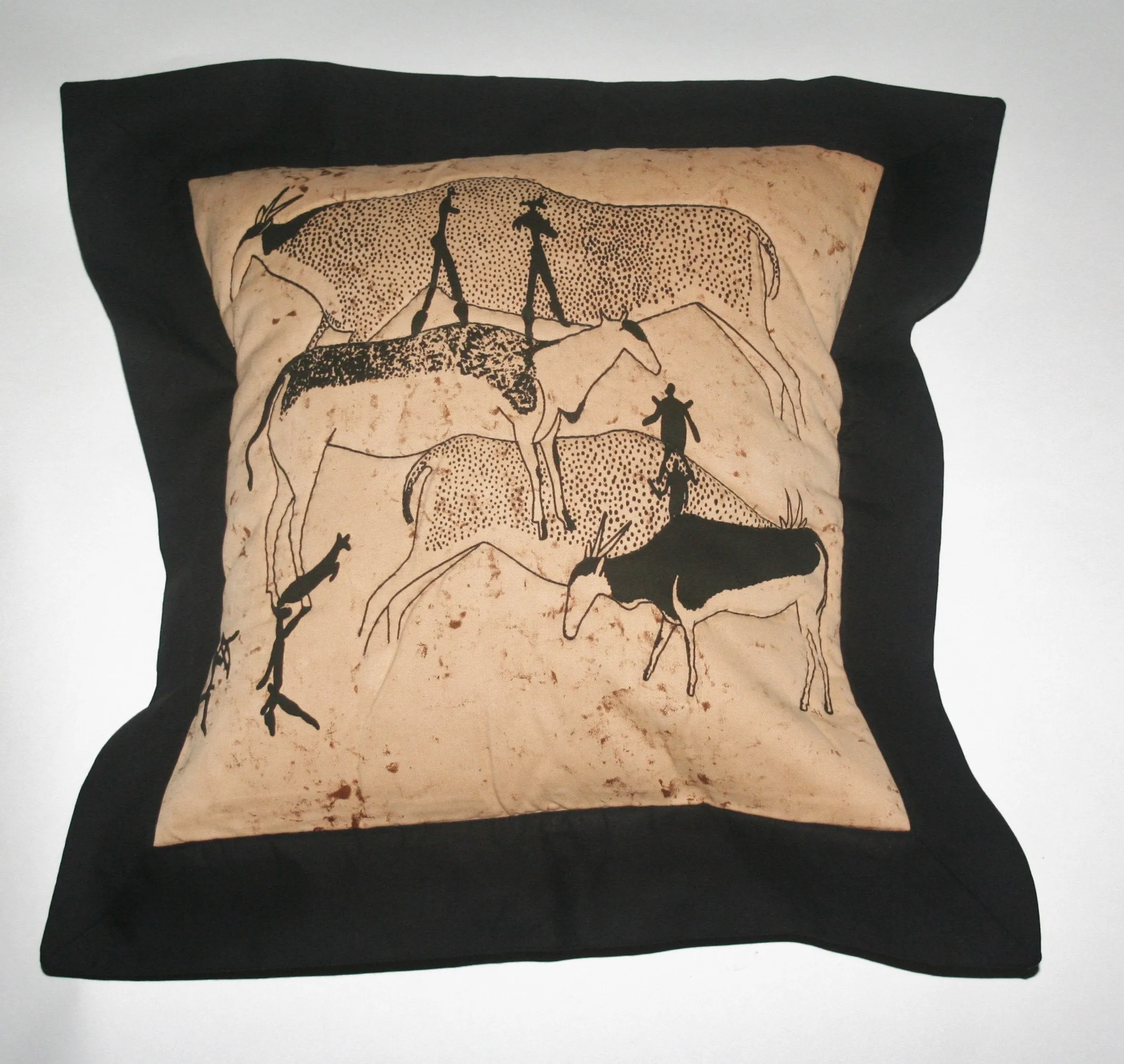 Tribal African Pillow Quilted Bushman Cave Art Pillow Tan and Black