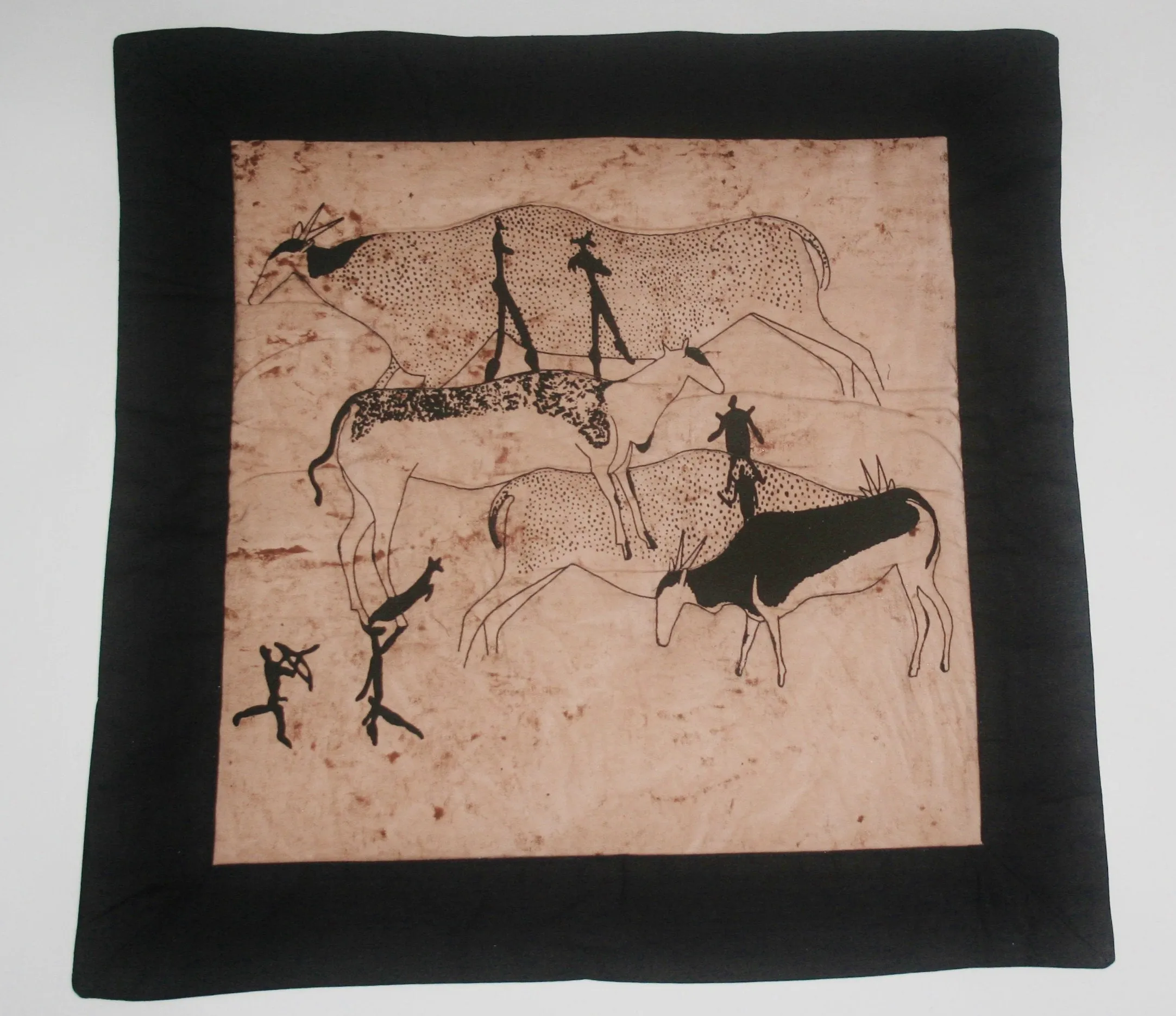 Tribal African Pillow Quilted Bushman Cave Art Pillow Tan and Black