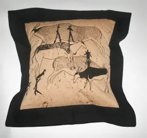 Tribal African Pillow Quilted Bushman Cave Art Pillow Tan and Black