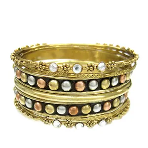 TRITONE METAL AND RHINESTONE STUDDED BANGLES SET OF 6 PCS  #KB11344PLUS_GOLD (RD8)