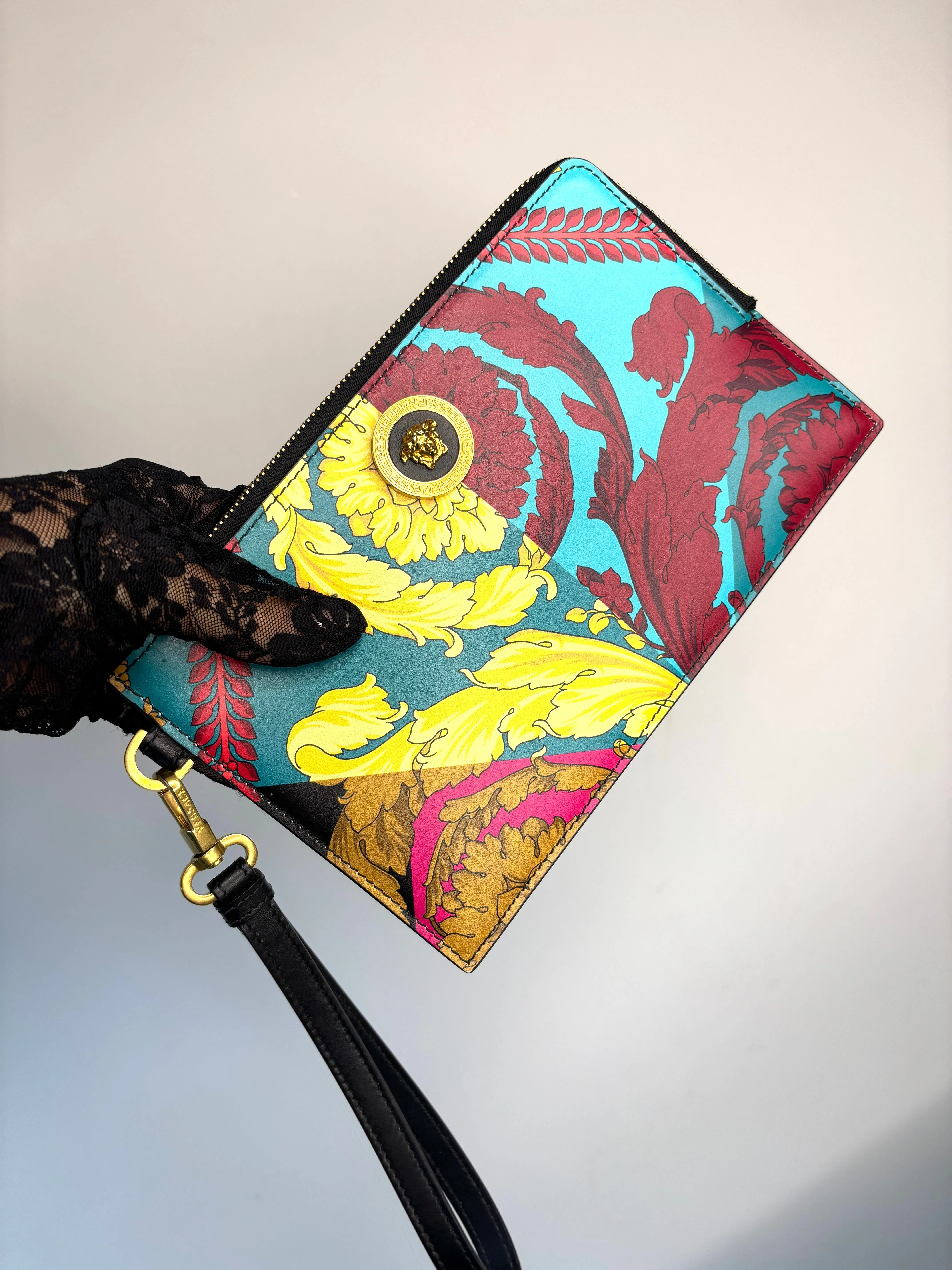 Versace Vitello Baroque Print Wristlet Pouch Clutch Bag - Preloved