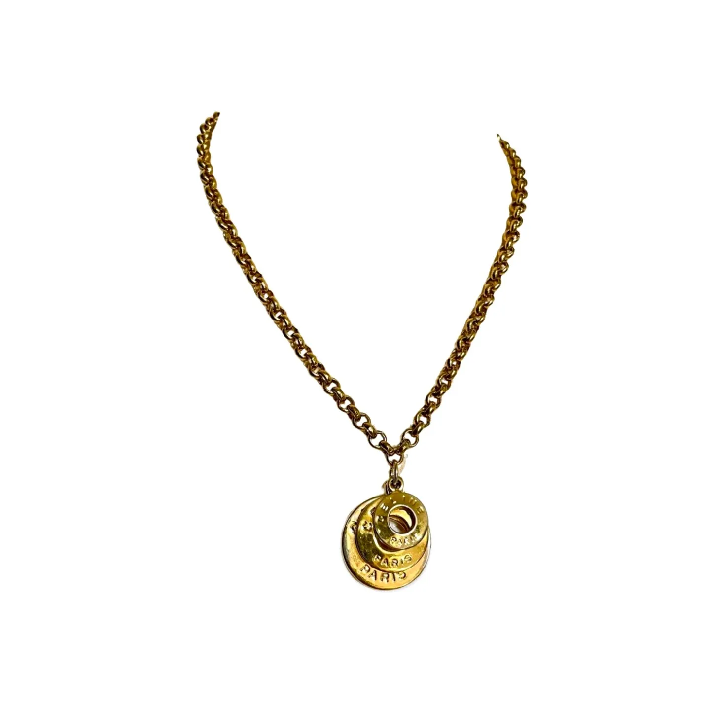 Vintage Celine golden triple round hoop charm necklace. Classic jewelry piece back in the era. 050605ya2