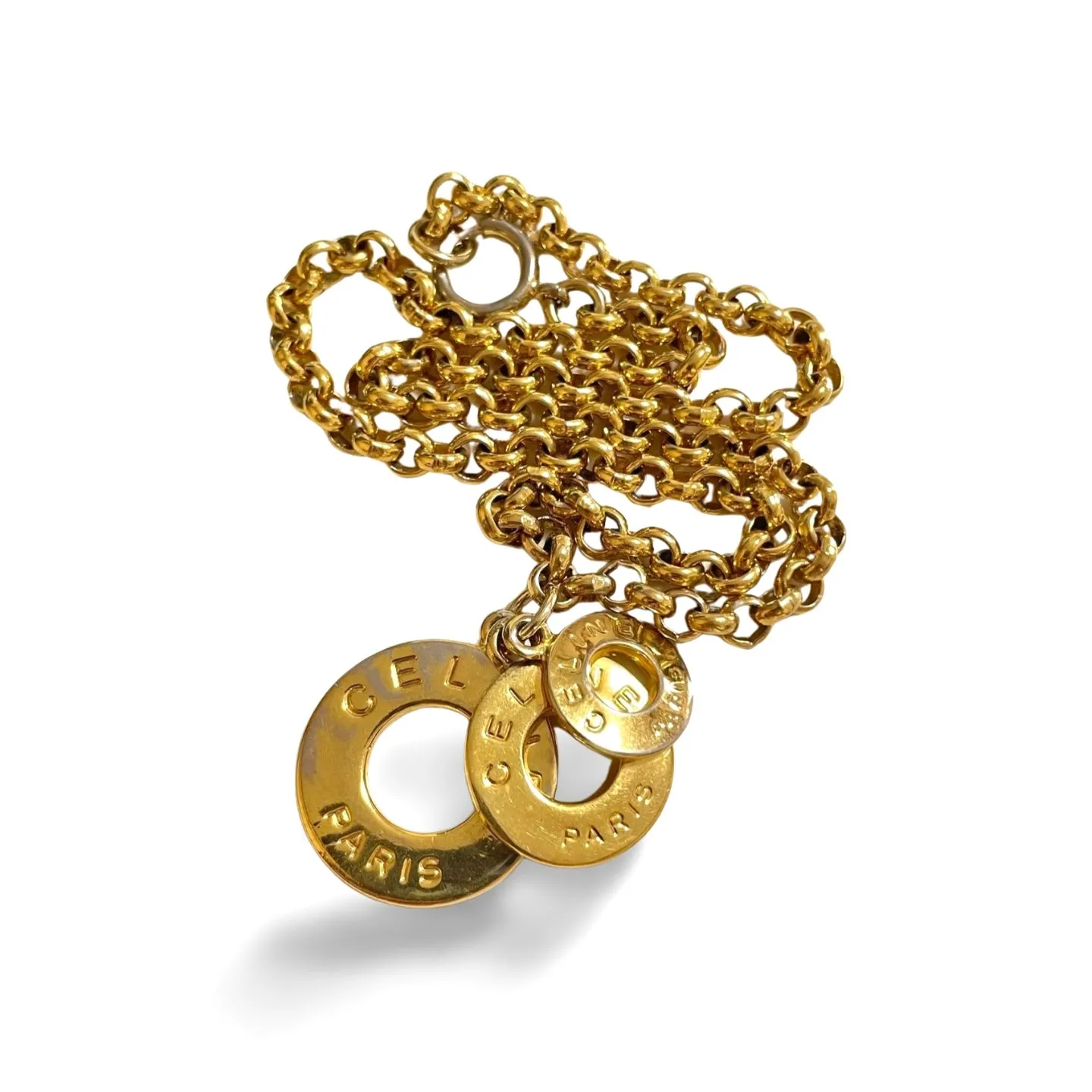 Vintage Celine golden triple round hoop charm necklace. Classic jewelry piece back in the era. 050605ya2