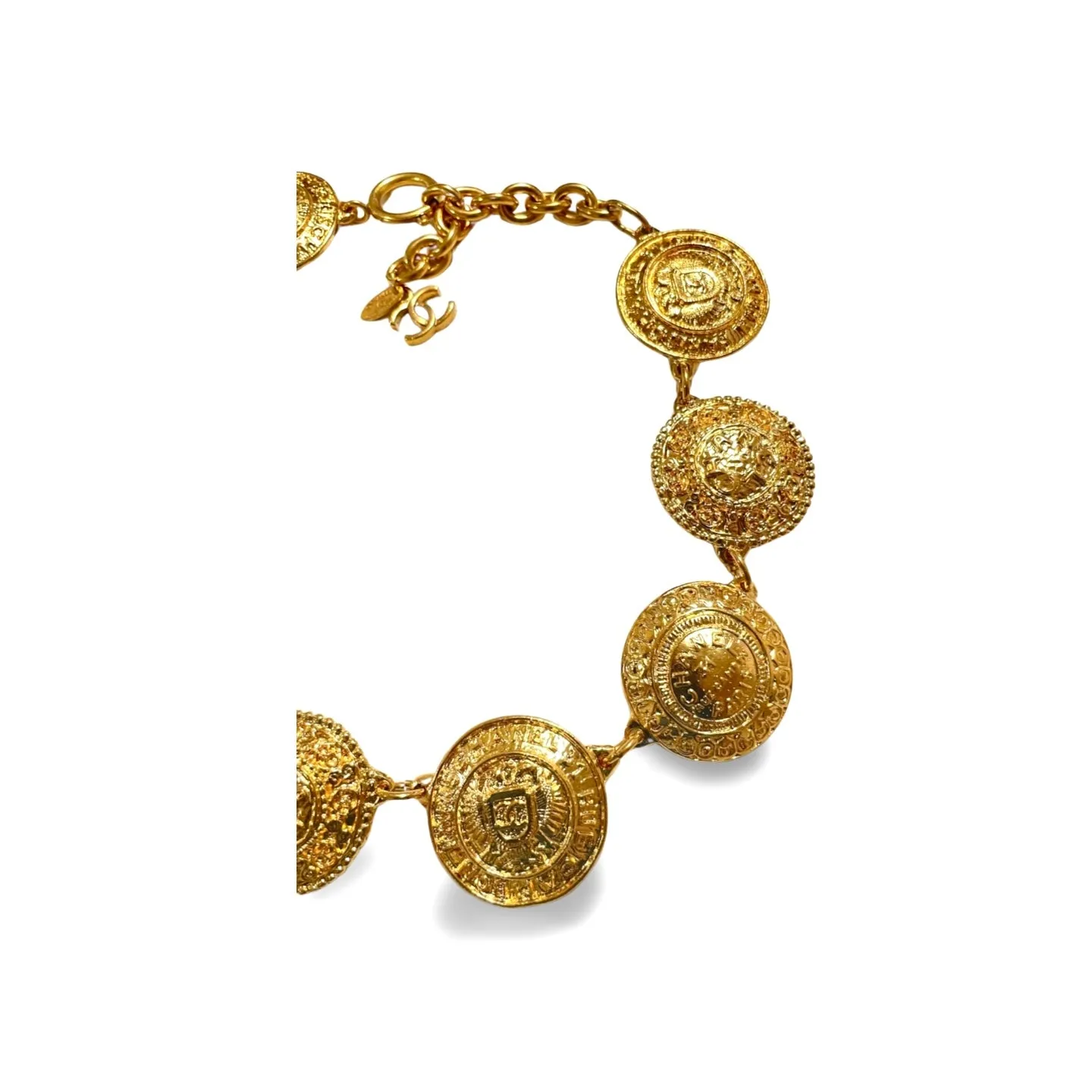 Vintage CHANEL rare statement necklace with logo embossed unique coin motif charms. Gorgeous masterpiece jewelry back in the old. 060716ac1