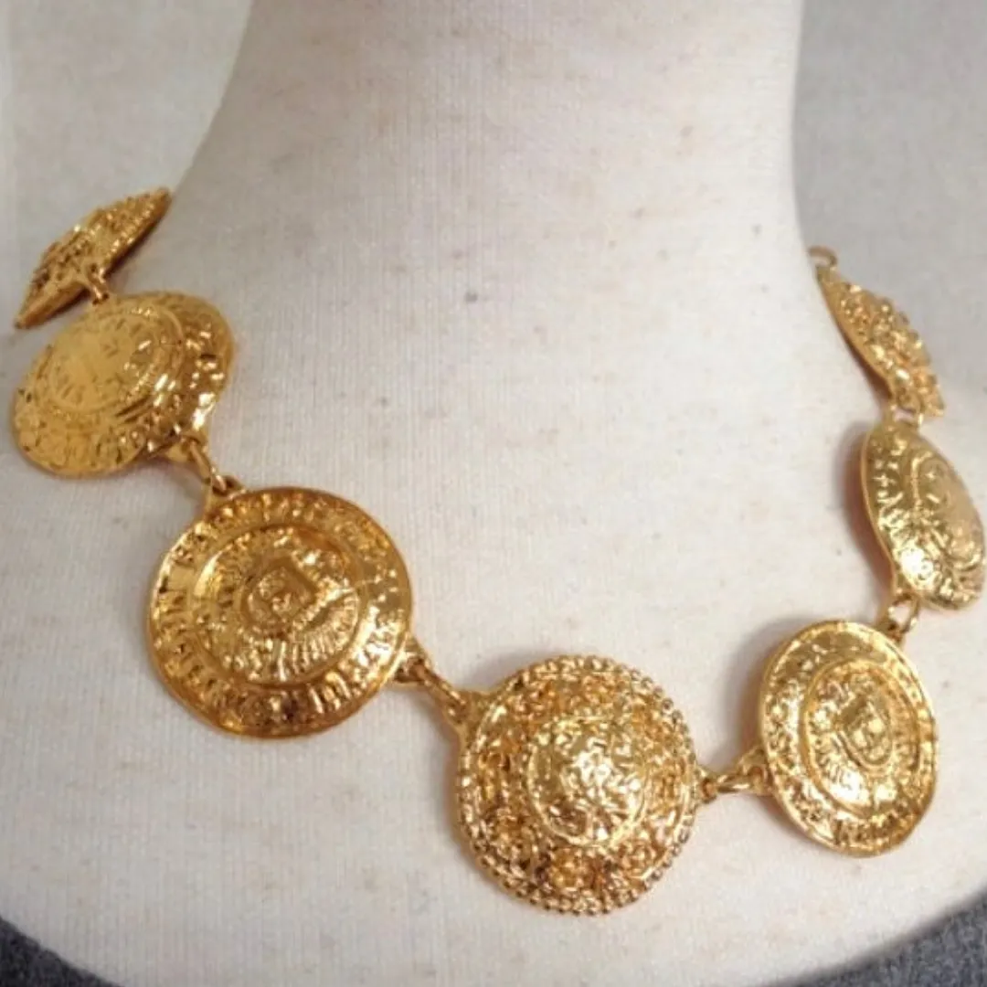 Vintage CHANEL rare statement necklace with logo embossed unique coin motif charms. Gorgeous masterpiece jewelry back in the old. 060716ac1