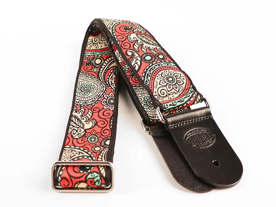 Vintage Jacquard Weave Premium Guitar Strap Cotton/Leather - Red & Gold