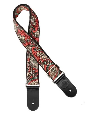 Vintage Jacquard Weave Premium Guitar Strap Cotton/Leather - Red & Gold